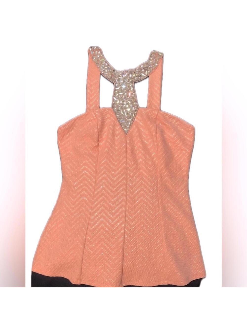 Jacaranda Peach Chevron Peplum Top with Beaded Rhinestone Neckline Size S